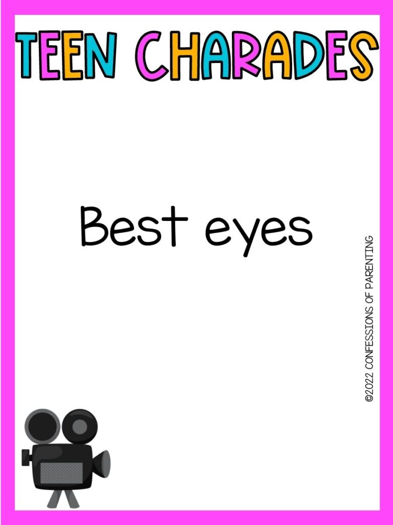 teen charades title in teal, pink and yellow with charades idea and old film camera on white background with bright pink border 
