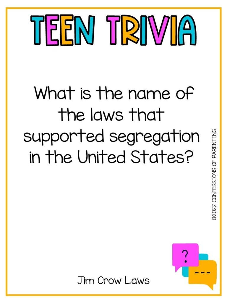 Colorful title "teen trivia" with a trivia question on white background with thin yellow border