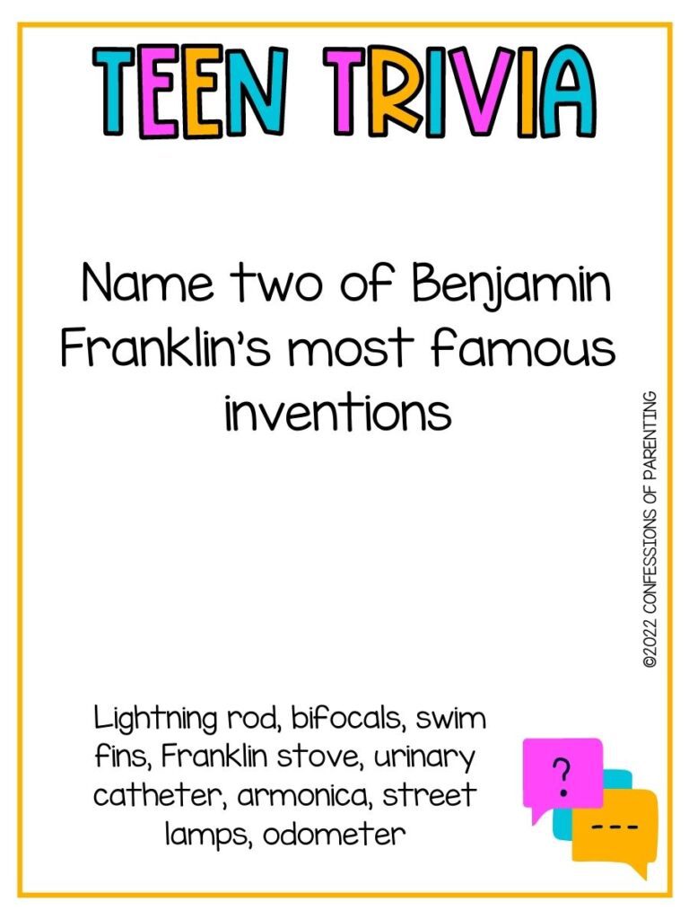 Colorful title "teen trivia" with a trivia question on white background with thin yellow border