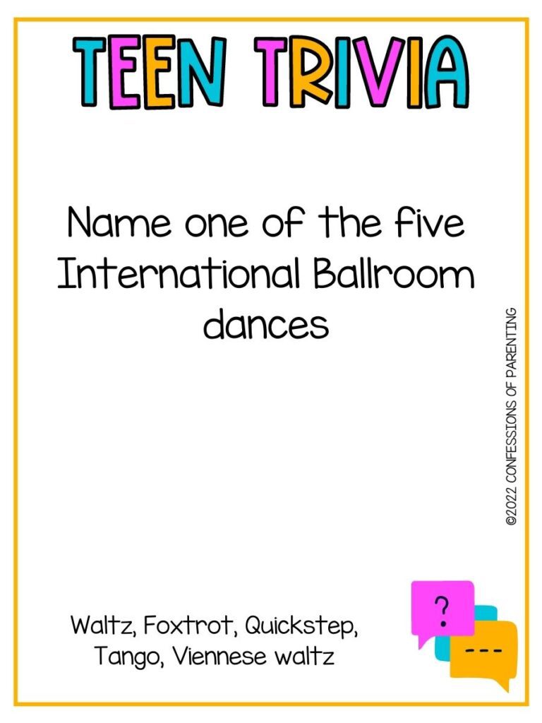 Colorful title "teen trivia" with a trivia question on white background with thin yellow border