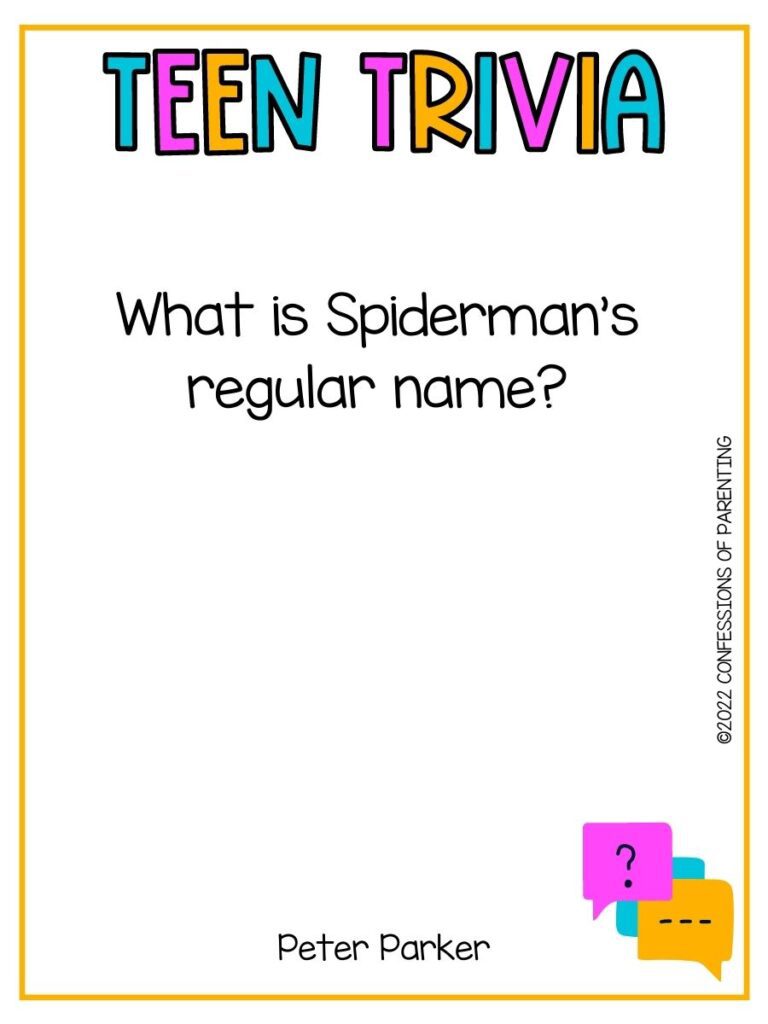 Colorful title "teen trivia" with a trivia question on white background with thin yellow border