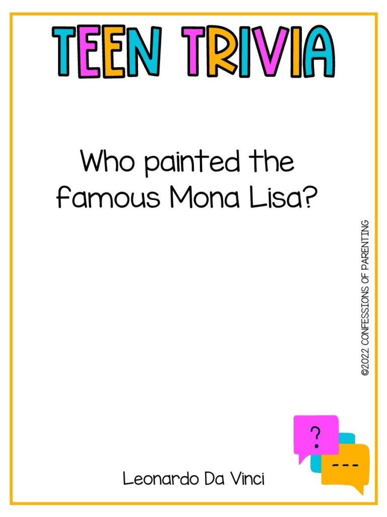 Colorful title "teen trivia" with a trivia question on white background with thin yellow border