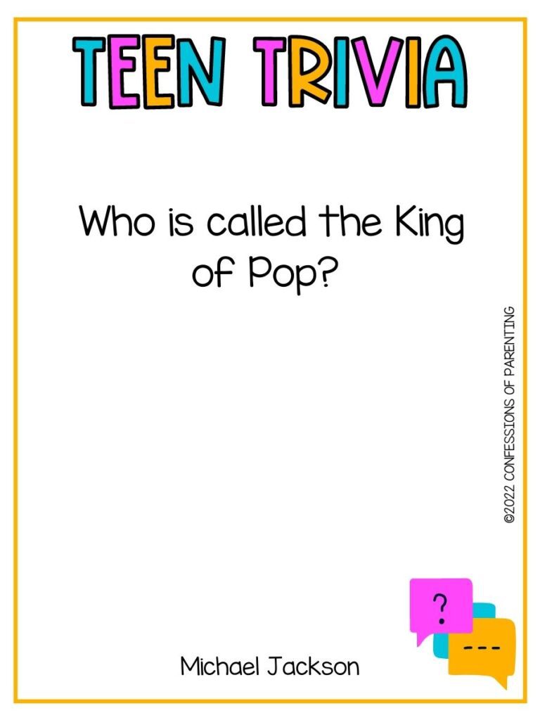 Colorful title "teen trivia" with a trivia question on white background with thin yellow border