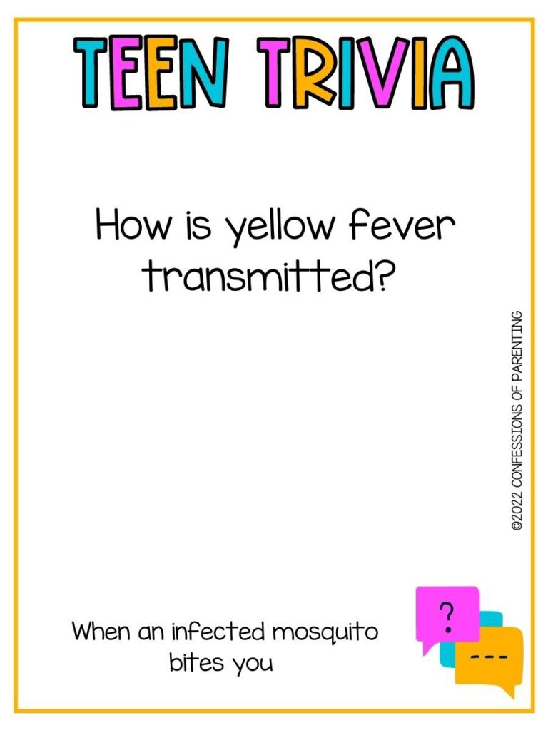 Colorful title "teen trivia" with a trivia question on white background with thin yellow border