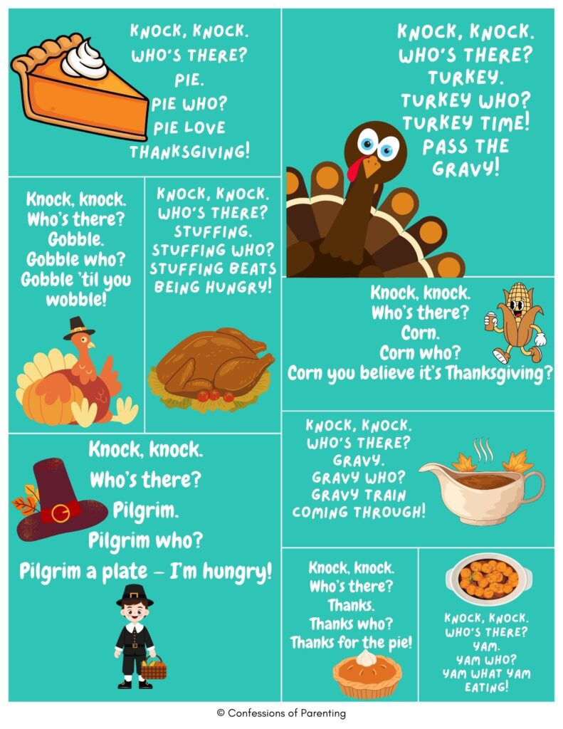 Top 10 Thanksgiving knock knock jokes graphic featuring turkey, pie, gravy, and pilgrim illustrations with kid-friendly holiday jokes on a teal background