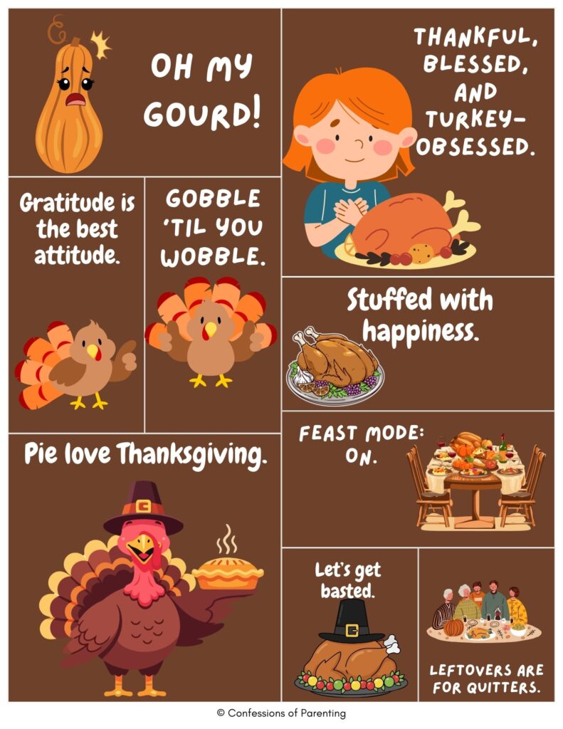 Top 10 Thanksgiving puns graphic with cute turkeys, pumpkin, family dinner, and fall-themed sayings on a brown background