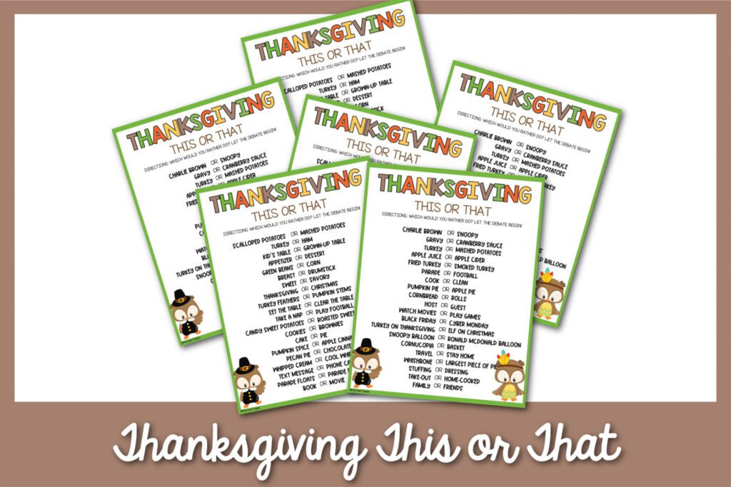 6 Thanksgiving This or That PDFs in mockup with brown border with white writing that says Thanksgiving this or that