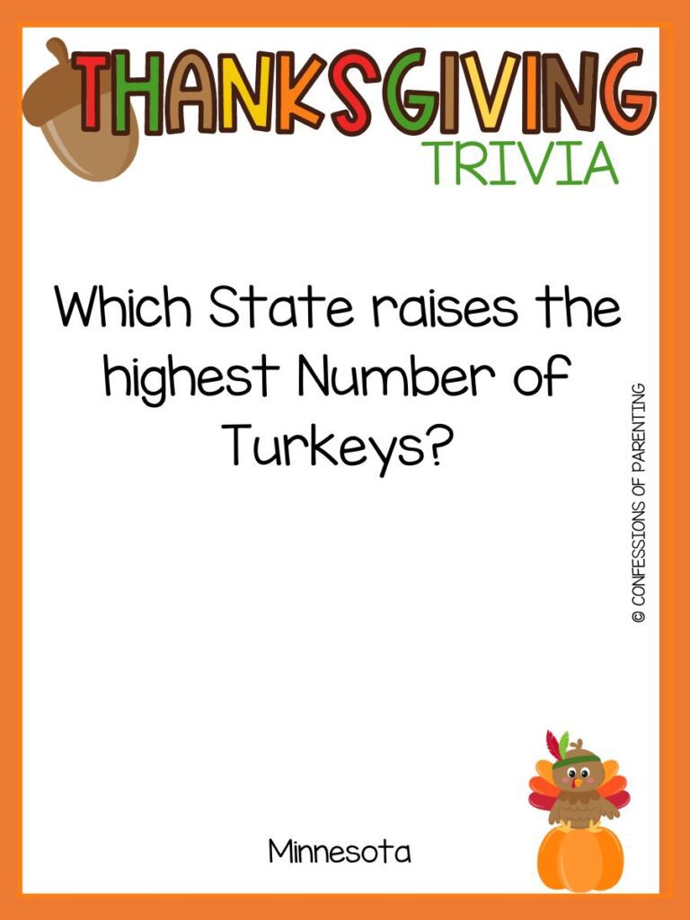 Brown turkey with red, orange, and yellow feathers wearing an Indian feather headband sitting on an orange pumpkin with a thanksgiving trivia question and an orange border. 