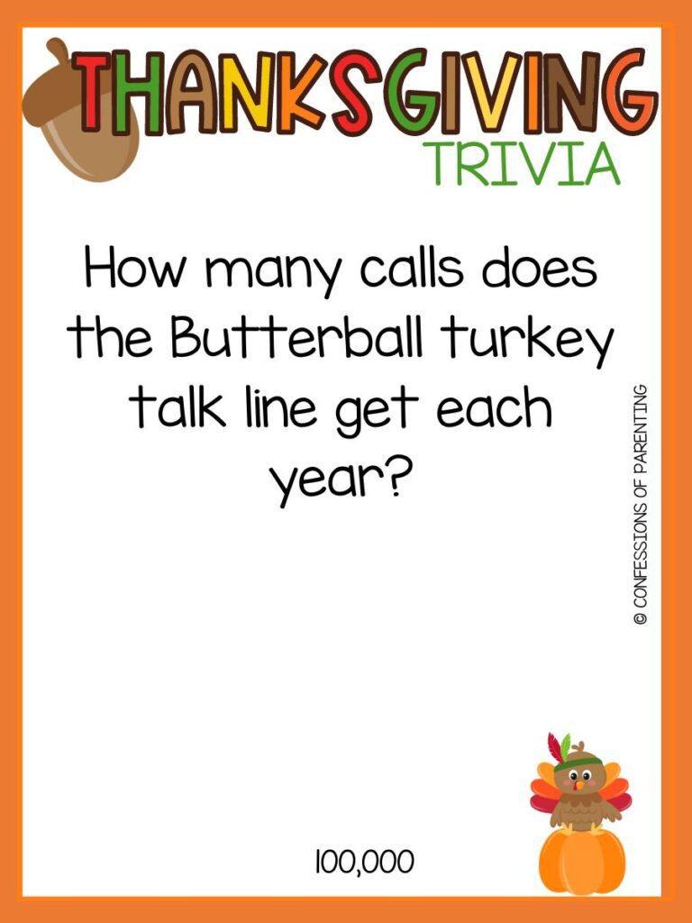 Brown turkey with red, orange, and yellow feathers wearing an Indian feather headband sitting on an orange pumpkin with a thanksgiving trivia question and an orange border. 