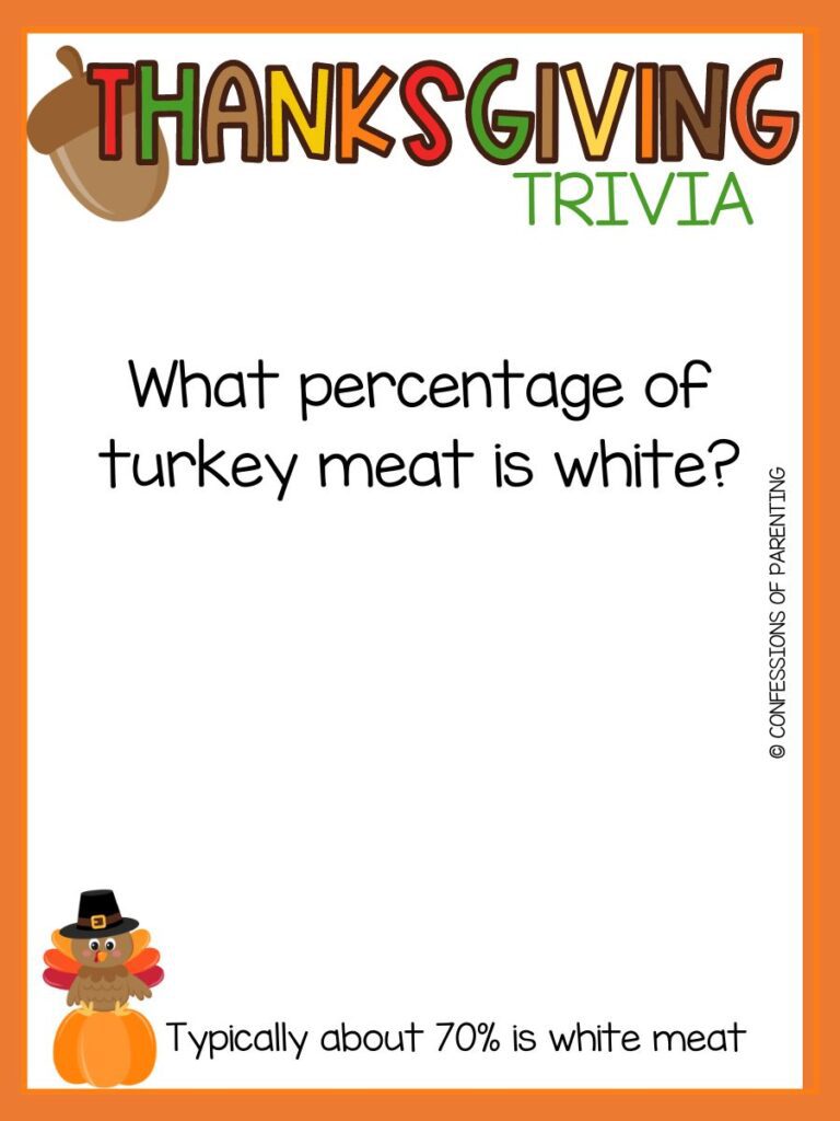 Brown turkey with red, orange, and yellow feathers wearing a pilgrim hat sitting on an orange pumpkin with a trivia question about thanksgiving and an orange border. 