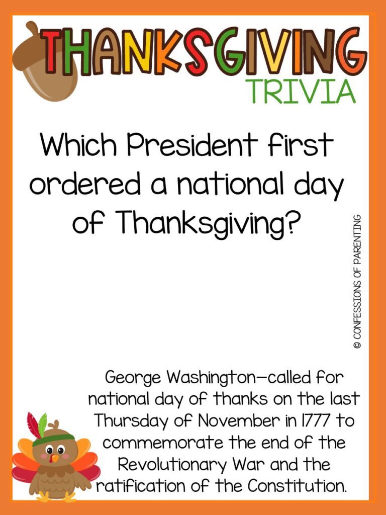 Brown turkey with red, orange, and yellow feathers wearing an Indian feather headband with a Thanksgiving Trivia question and an orange border. 