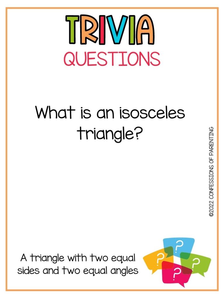 Colorful Trivia Questions title with multi colored quotation bubbles and a trivia question on white background with thin orange border