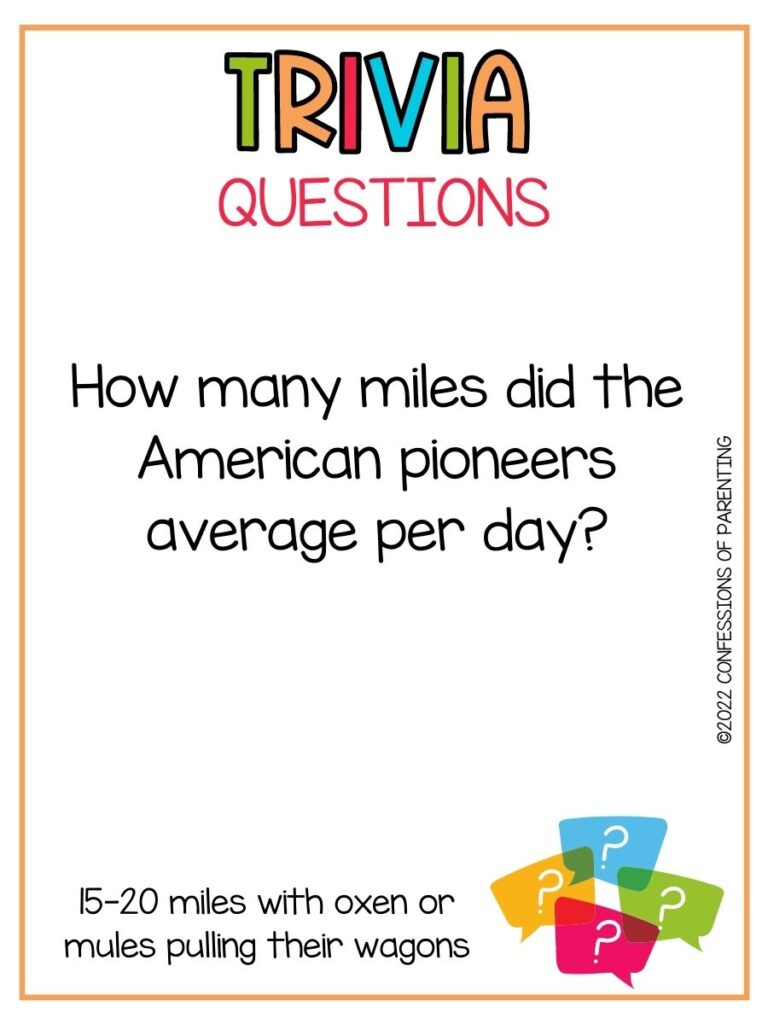 Colorful Trivia Questions title with multi colored quotation bubbles and a trivia question on white background with thin orange border