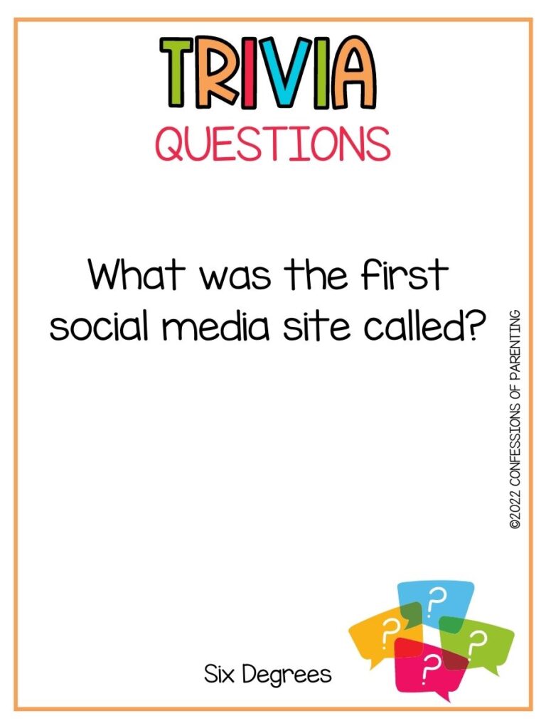 Colorful Trivia Questions title with multi colored quotation bubbles and a trivia question on white background with thin orange border