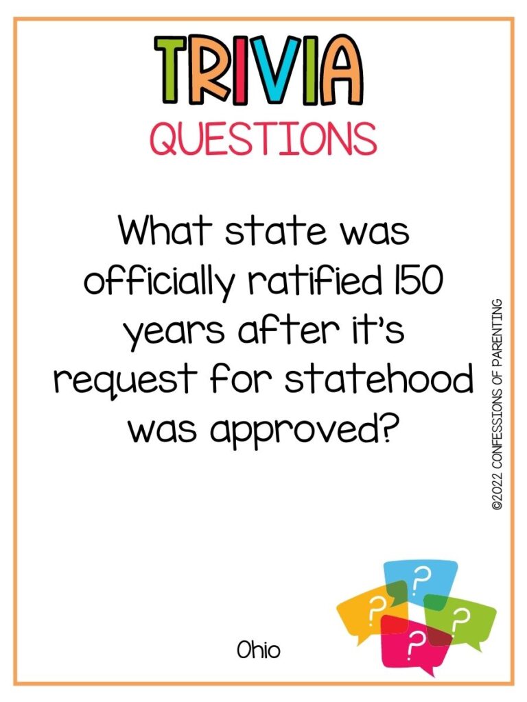 Colorful Trivia Questions title with multi colored quotation bubbles and a trivia question on white background with thin orange border
