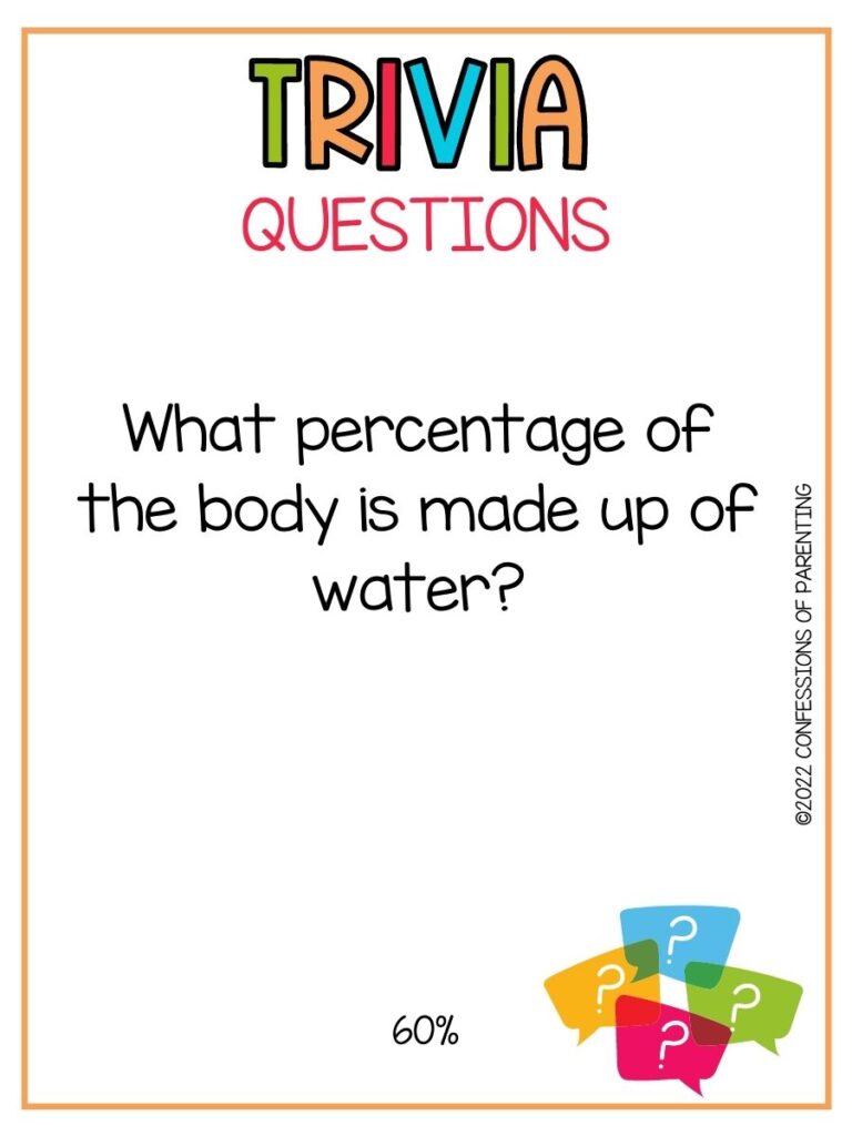 Colorful Trivia Questions title with multi colored quotation bubbles and a trivia question on white background with thin orange border