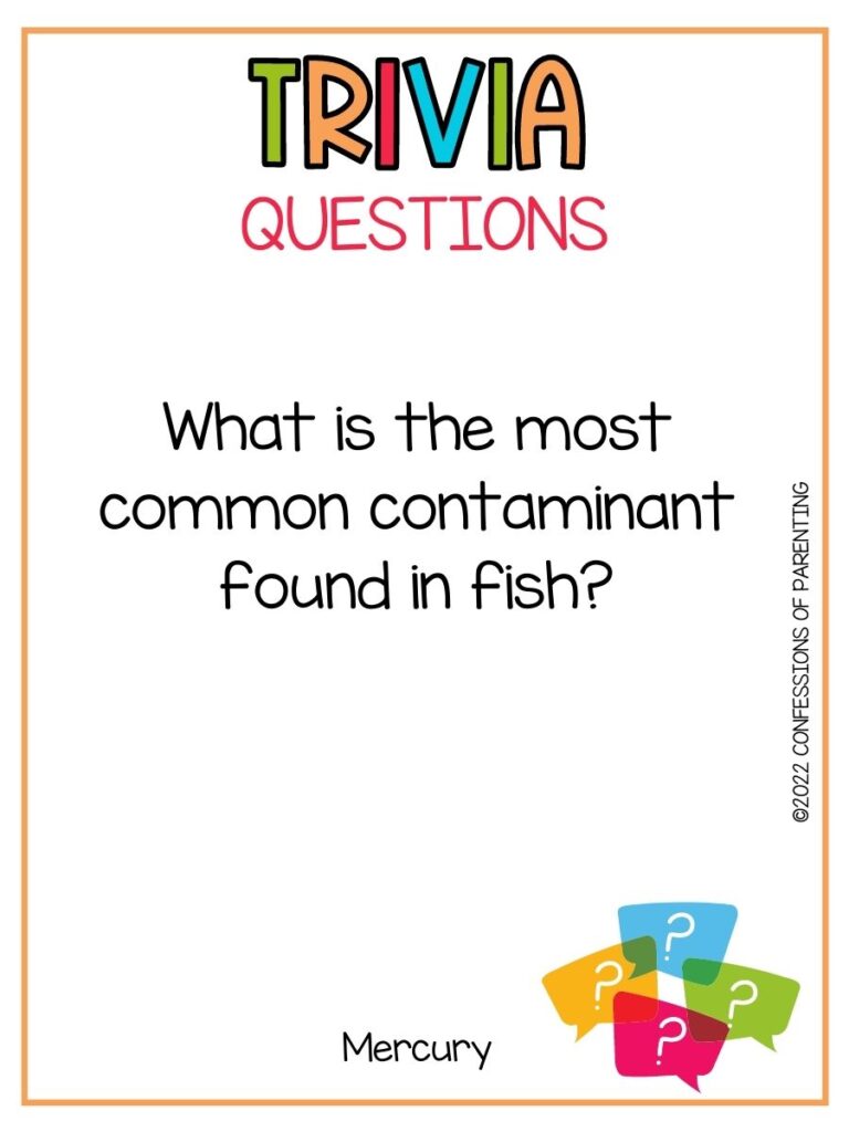 Colorful Trivia Questions title with multi colored quotation bubbles and a trivia question on white background with thin orange border