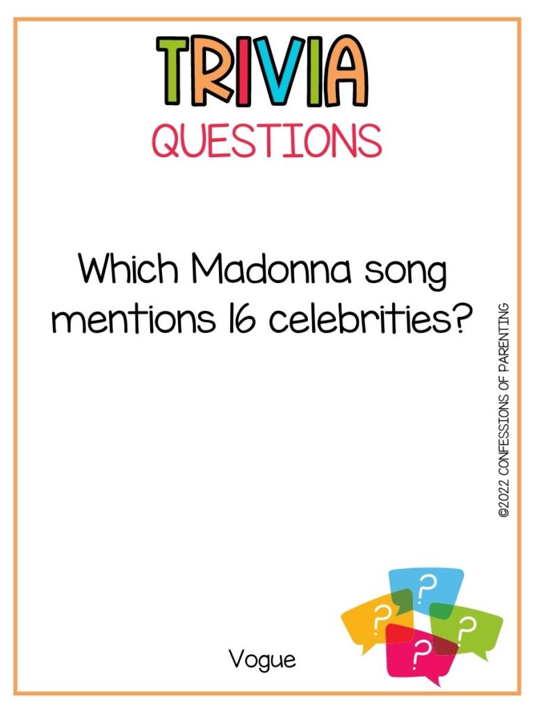 Colorful Trivia Questions title with multi colored quotation bubbles and a trivia question on white background with thin orange border