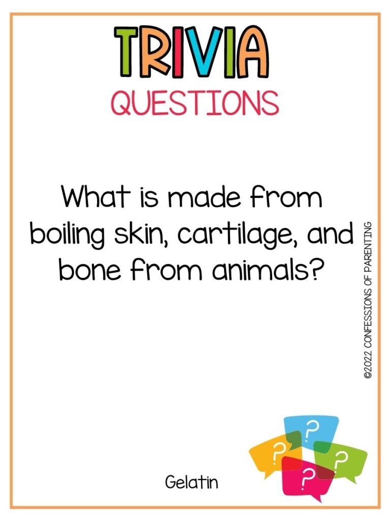 Colorful Trivia Questions title with multi colored quotation bubbles and a trivia question on white background with thin orange border