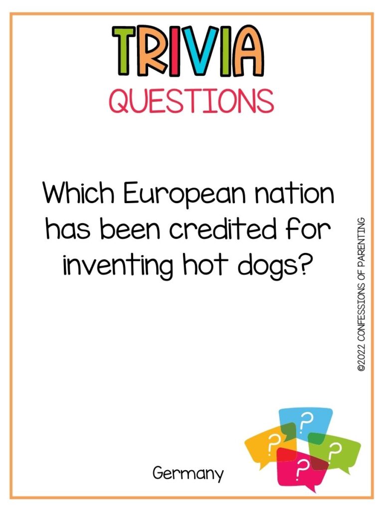 Colorful Trivia Questions title with multi colored quotation bubbles and a trivia question on white background with thin orange border