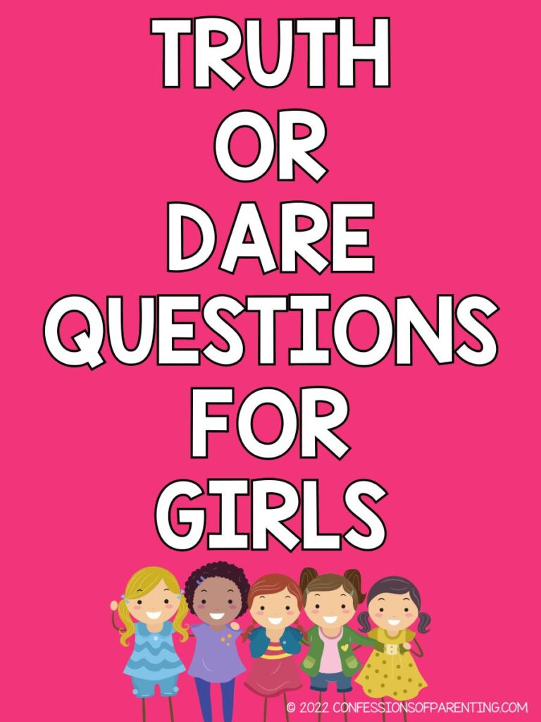 group of girls on pink background with white text truth or dare questions for girls