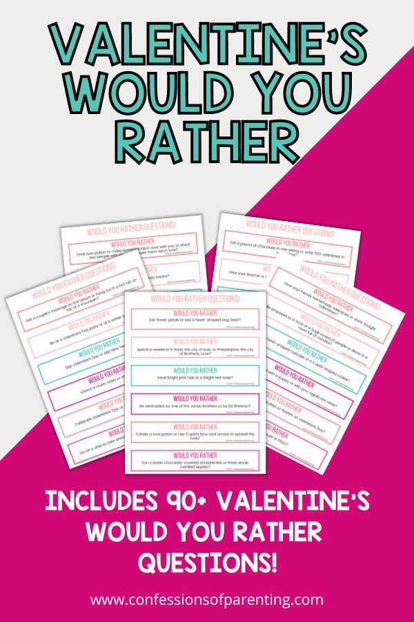 Five examples of the valentines would you rather questions on a hot pink background. 