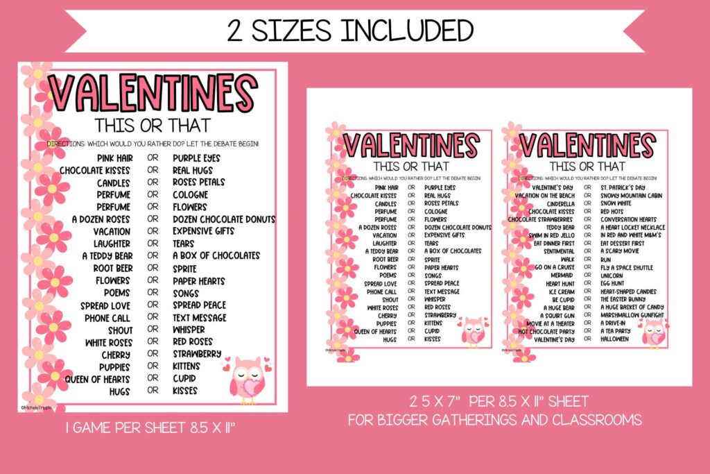 Two sizes of the printable valentines this or that questions that have pink flowers and a pink owl on a pink ground. 