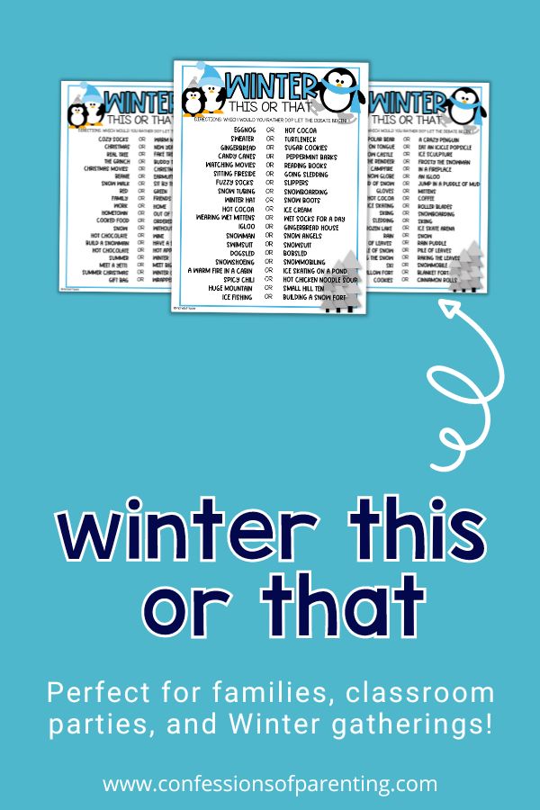 Examples of the printable winter this or that with penguins in blue hats and scarves with grey trees with a blue background. 