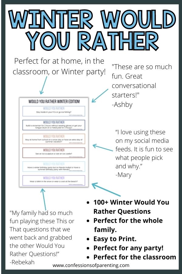 Testimonials on the would you rather stating that there are 100+ questions and great for any party and classroom. 