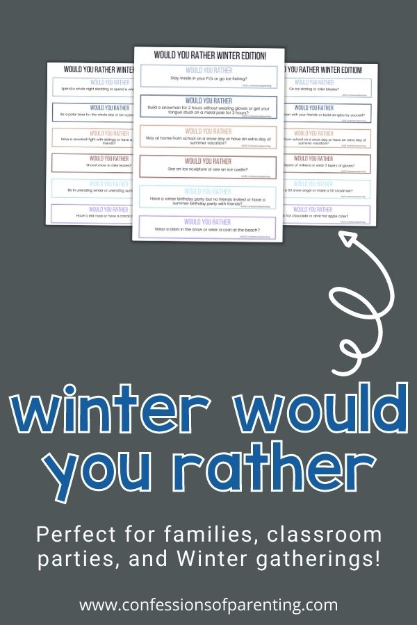 Three examples of the winter would you rather printables on a gray background. 