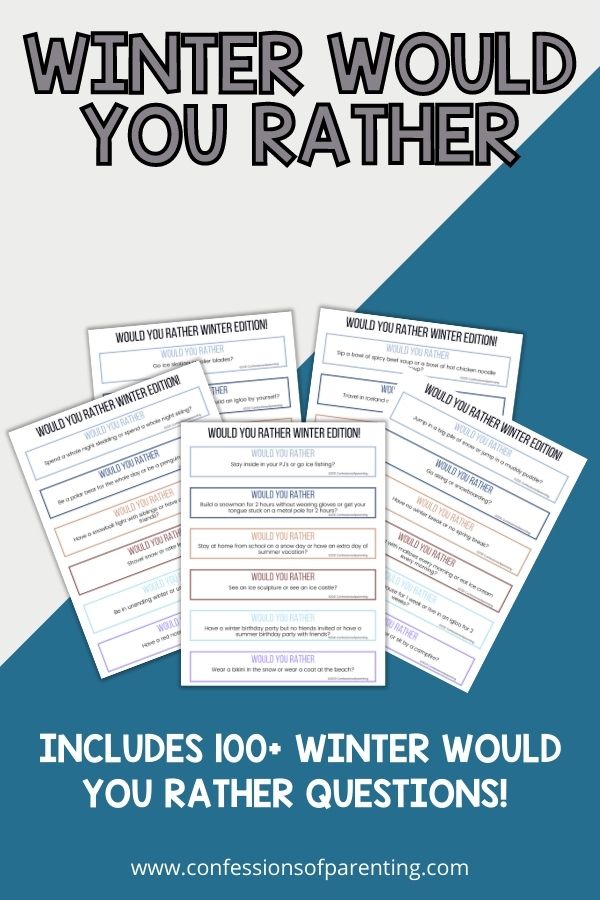 Five examples of the printable winter would you rather questions on a blue background. 
