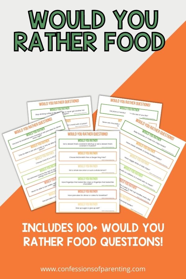 Five examples of the would you rather food edition questions on an orange background. 