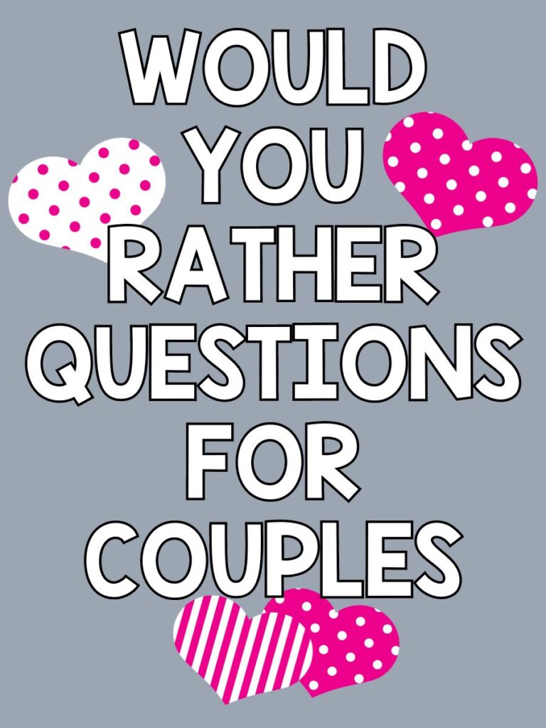 pink and white polka dots hearts and strips with the text Would you rather questions for couples on a gray background