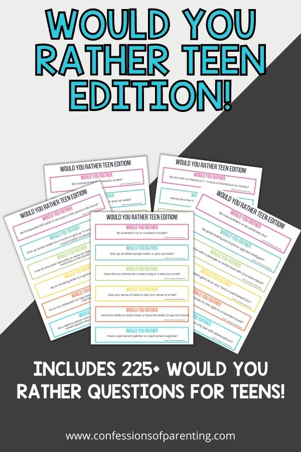 Five examples of the would you rather questions for teens printable on a dark gray background. 