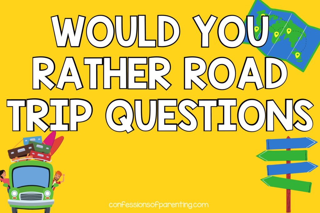 map, a green car with luggage on top, a sign with directions on yellow background with white text that says "would you rather road trip questions" 