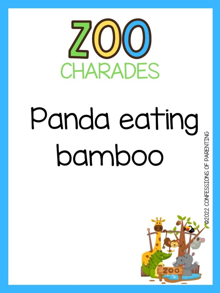 zoo charades title in green, yellow and blue with charade idea and little zoo on white background and blue border 