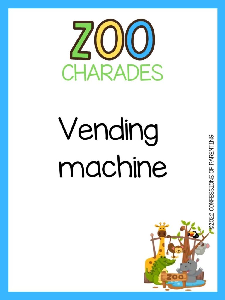 zoo charades title in green, yellow and blue with charade idea and little zoo on white background and blue border 