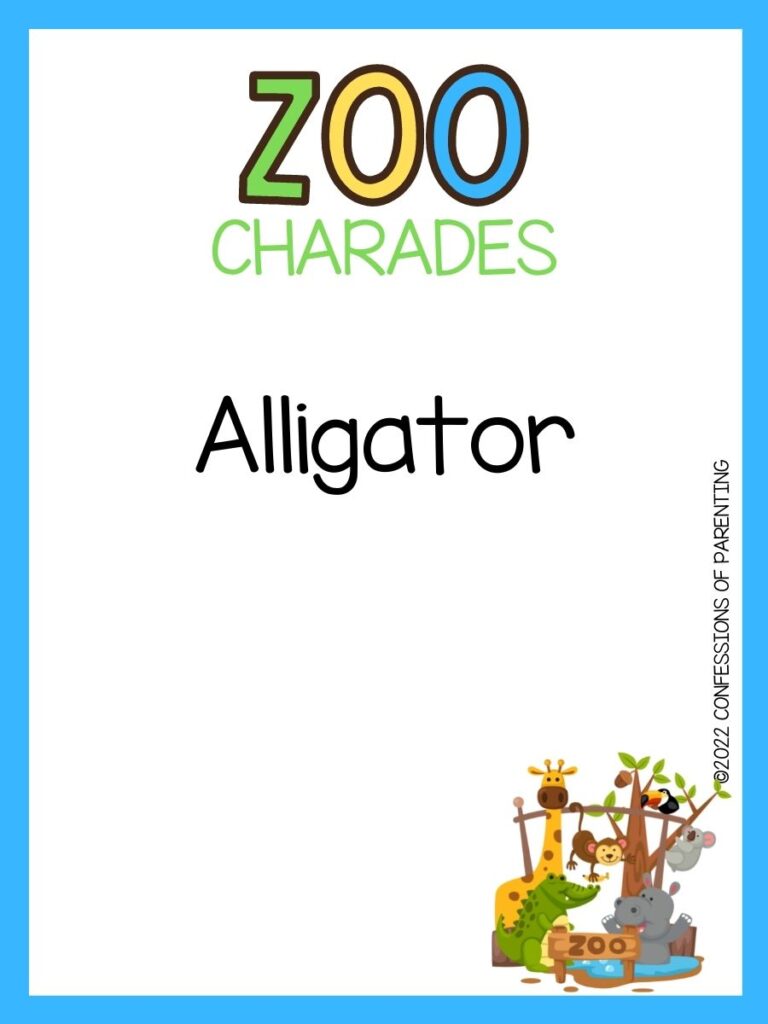 zoo charades title in green, yellow and blue with charade idea and little zoo on white background and blue border 