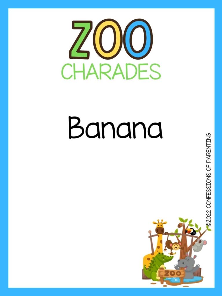 zoo charades title in green, yellow and blue with charade idea and little zoo on white background and blue border 