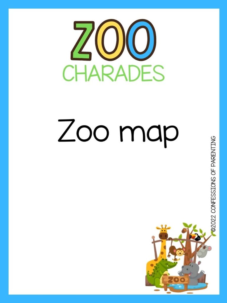 zoo charades title in green, yellow and blue with charade idea and little zoo on white background and blue border 