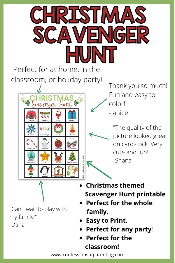 Testimonial for the Christmas-themed scavenger hunt printable perfect for the whole family and parties with a green border. 
