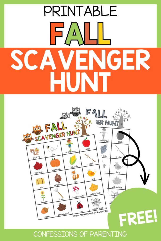 Pinterest Pin: green border with fall scavenger hunt PDF mockup with fall scavenger hunt printable
