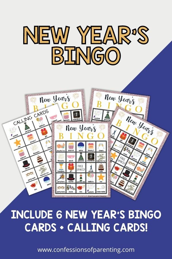 6 New Year's bingo cards with calling cards. on a blue background. 