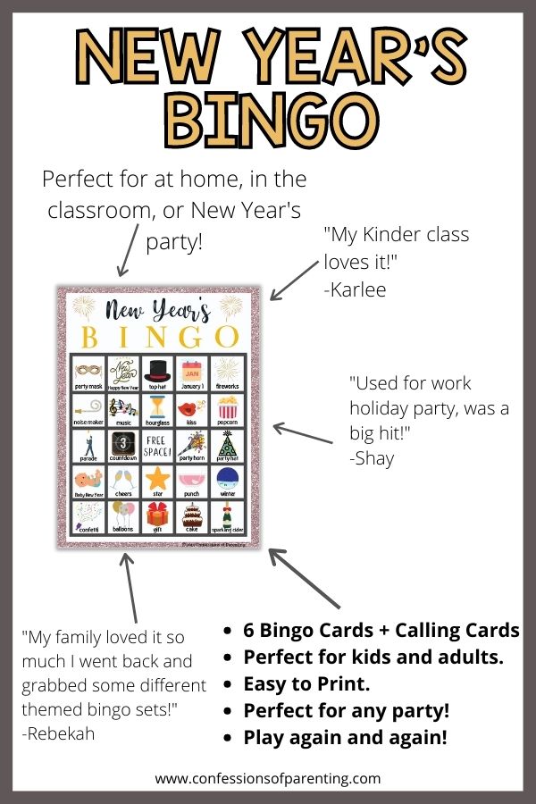 Testimonial for New Year's Bingo perfect for families and parties with a gray border. 