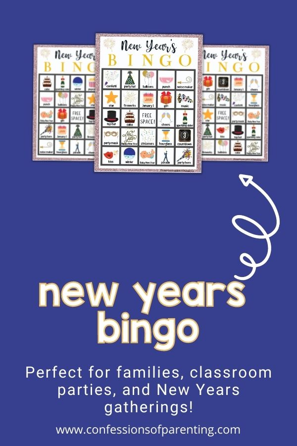 Three examples of the new years bingo cards on a blue background. 