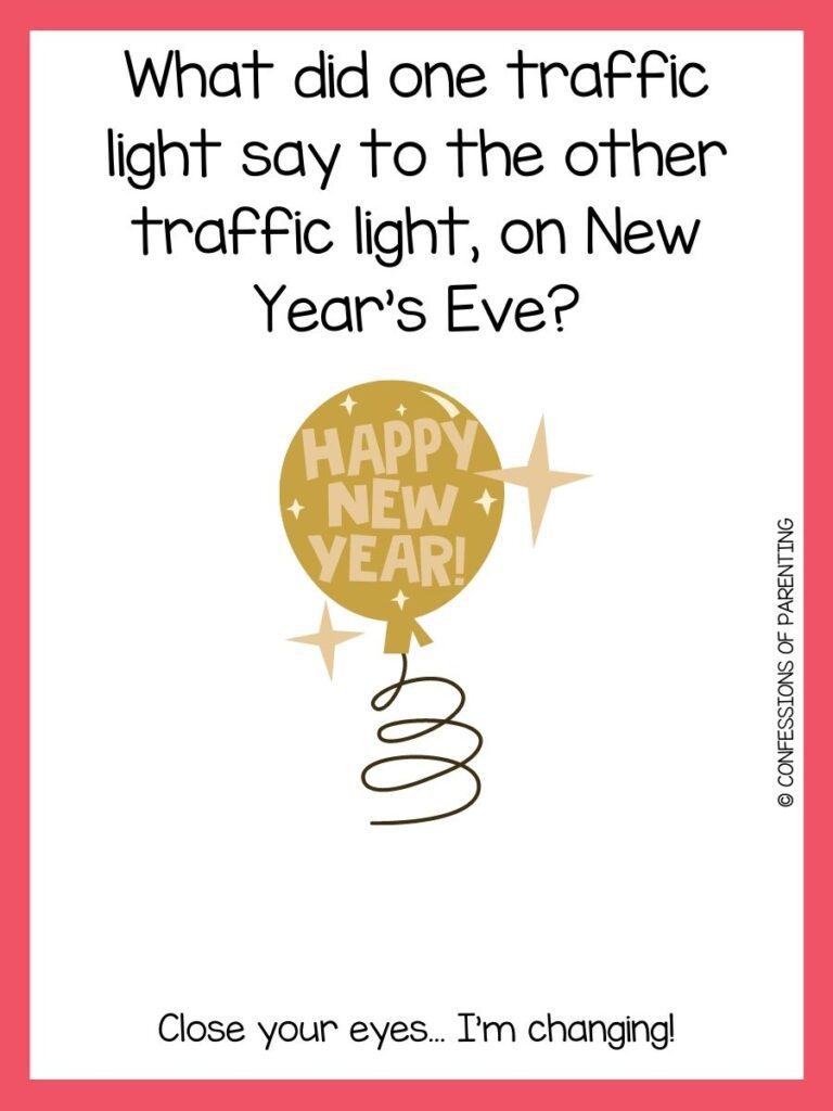 new year riddle with big gold balloon on white background with pink border 