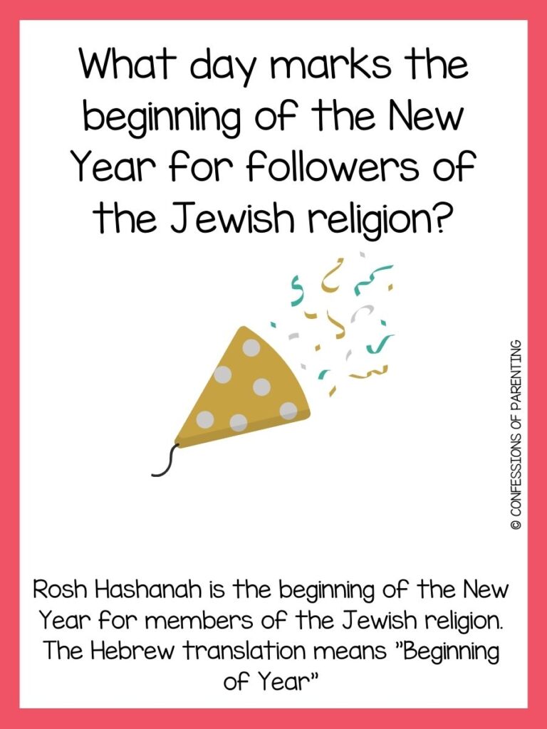 new year riddle with party hat on white background with pink border 