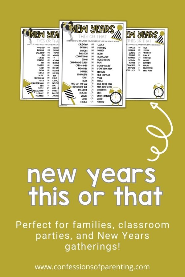 Example of the New Years this or that questions which are perfect for families, classrooms, and parties with golden background. 