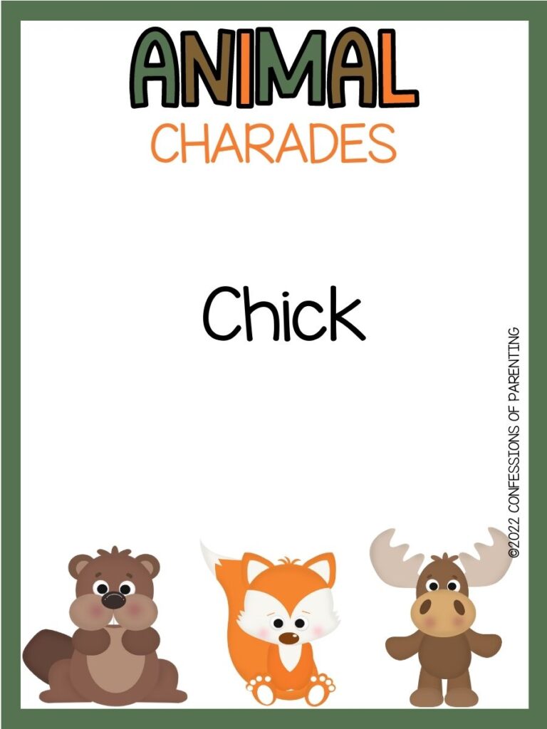 animal charades title in green, brown and orange with charades idea and a beaver, fox and moose on white background with green border