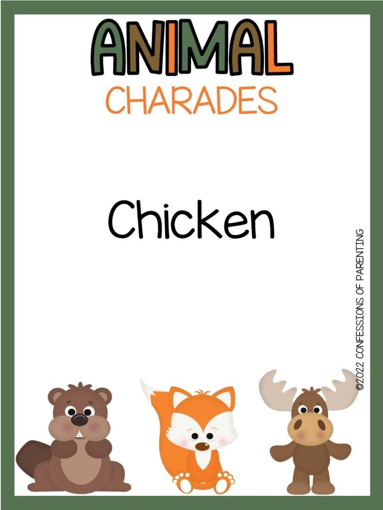 animal charades title in green, brown and orange with charades idea and a beaver, fox and moose on white background with green border